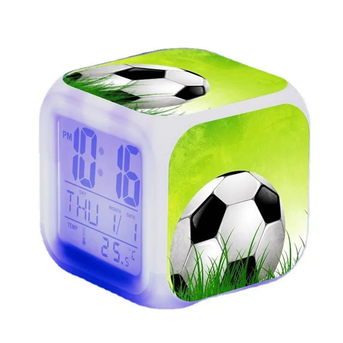 Children's square alarm clock with football cartoon pattern and mute alarm function