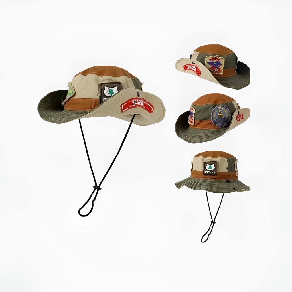 Army green cotton women's fisherman hat with hand-painted patchwork details and a flat top crown.