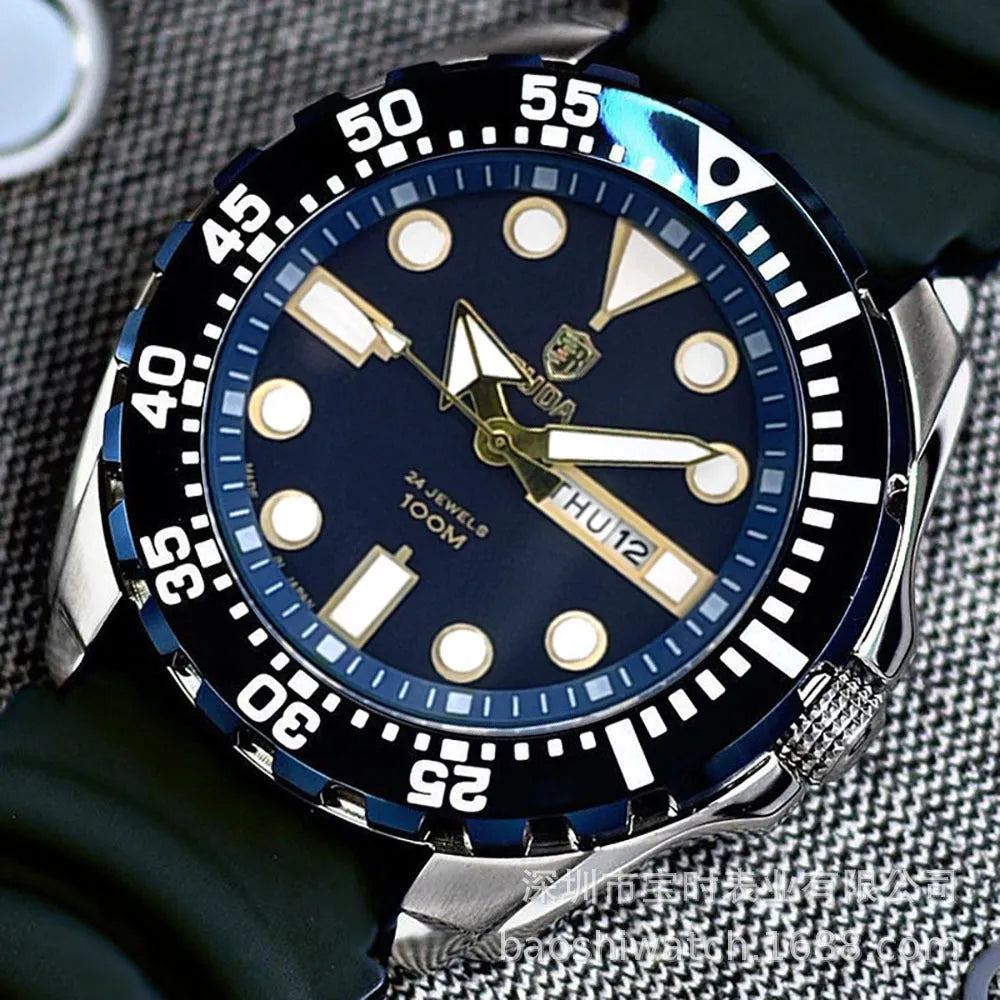 Waterproof luminous quartz men's watch with blue dial and steel strap