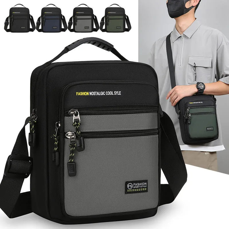 Men's nylon crossbody bag in solid colour with sewing thread detail, waterproof for outdoor commute use