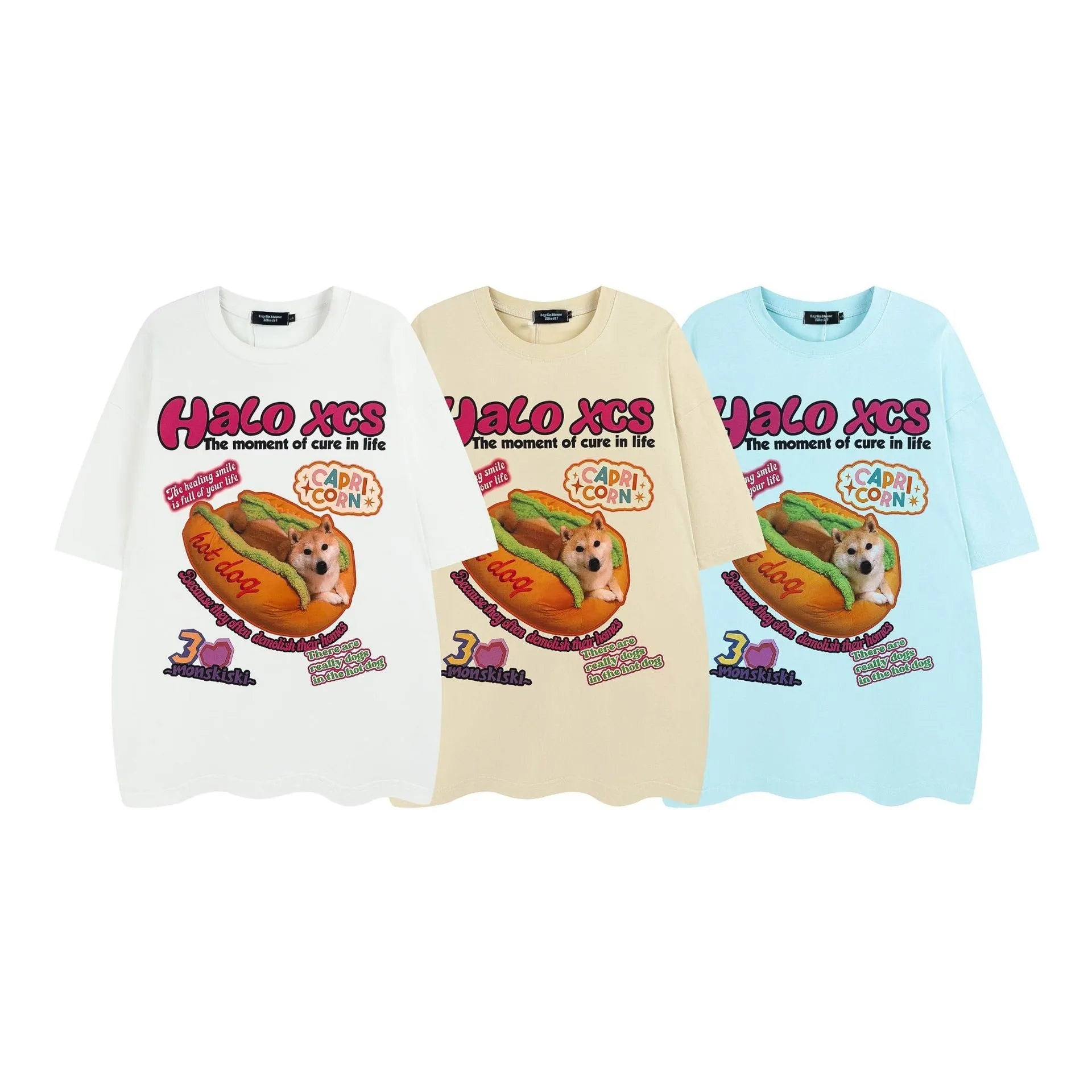 Cartoon hamburger dog printed cotton t-shirt in loose fit showing white, apricot and sky blue colour options