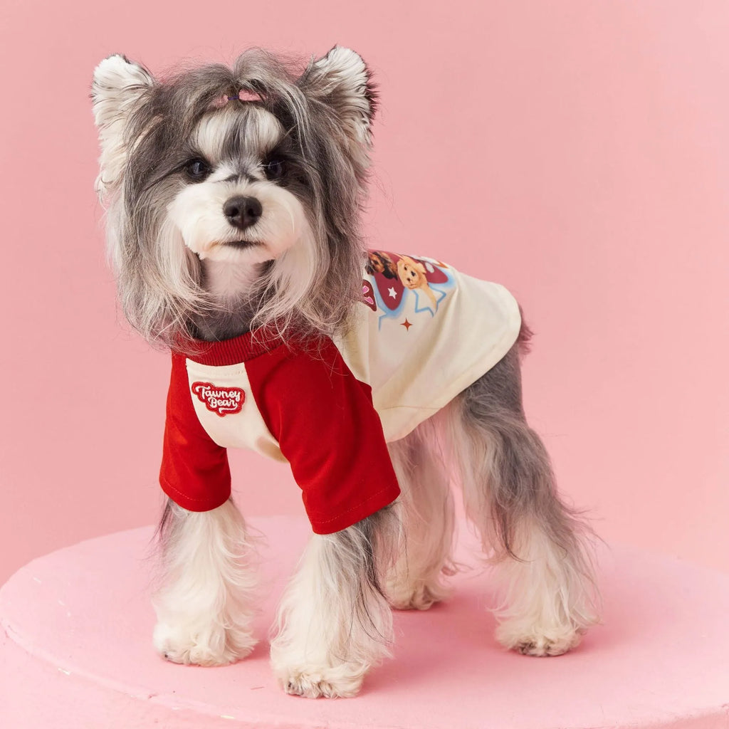 Cotton summer dog clothes in red or pink with contrast design, sizes XS to XXL