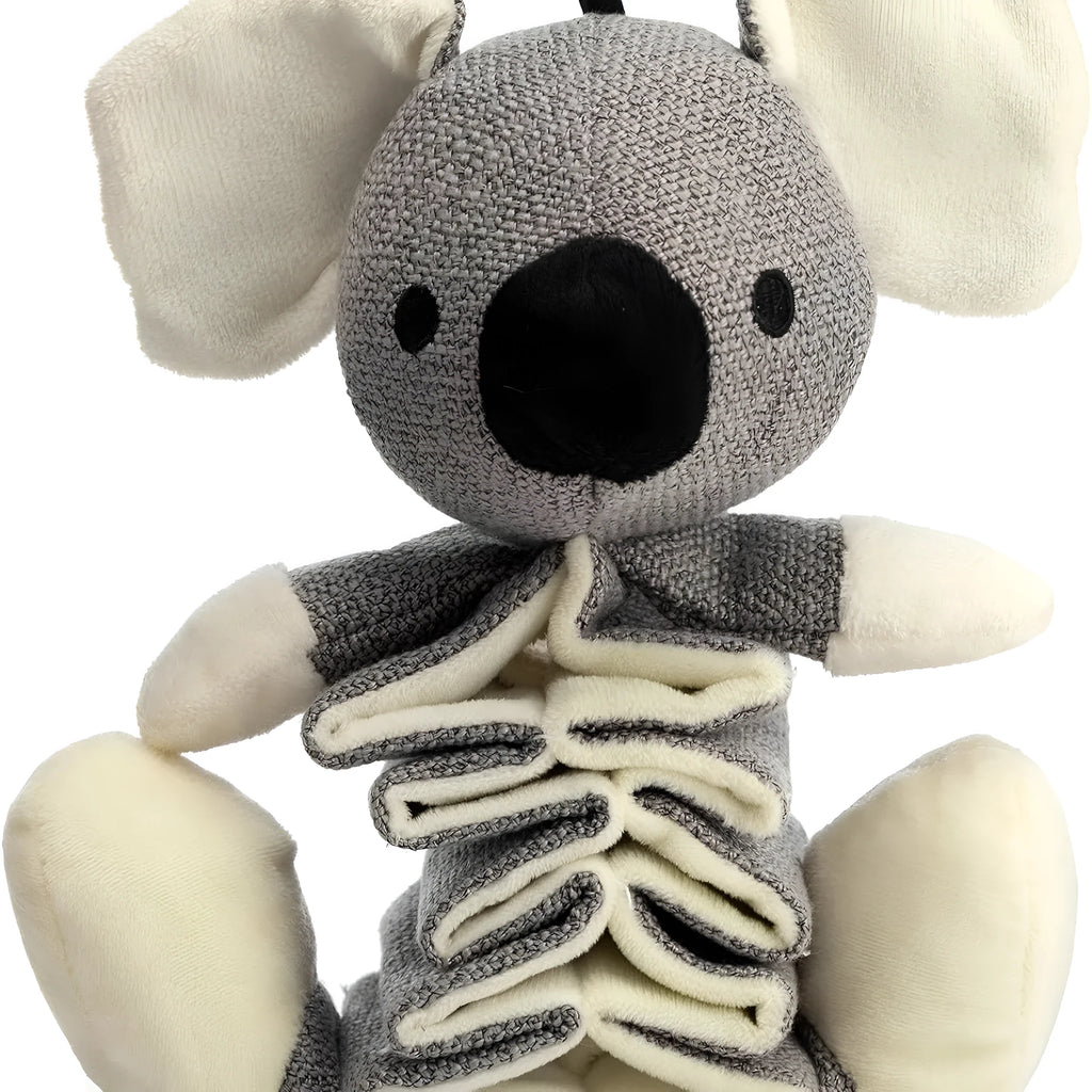 Gray Koala plush dog toy measuring 30cm long with crinkle paper inside.