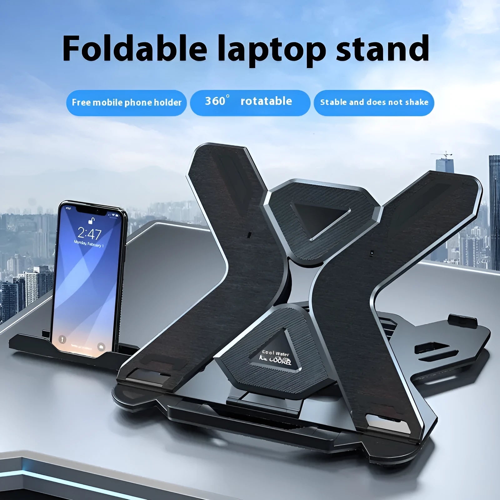 ABS plastic laptop bracket lifting radiator in classic black with phone holder on desk