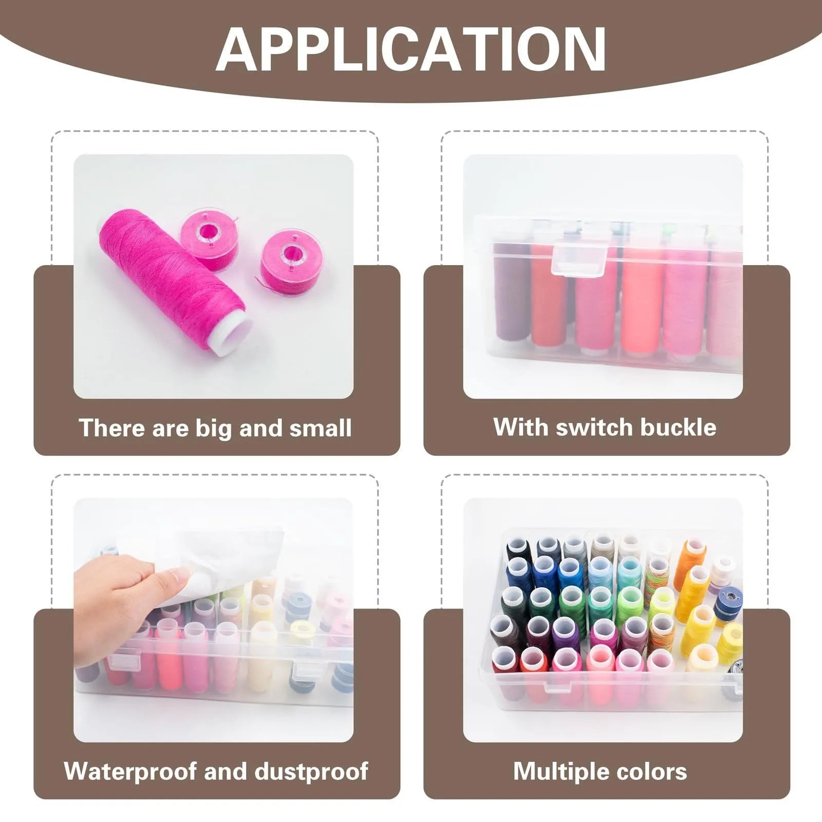 Transparent plastic storage box with 42 small compartments for sewing and embroidery supplies organiser.