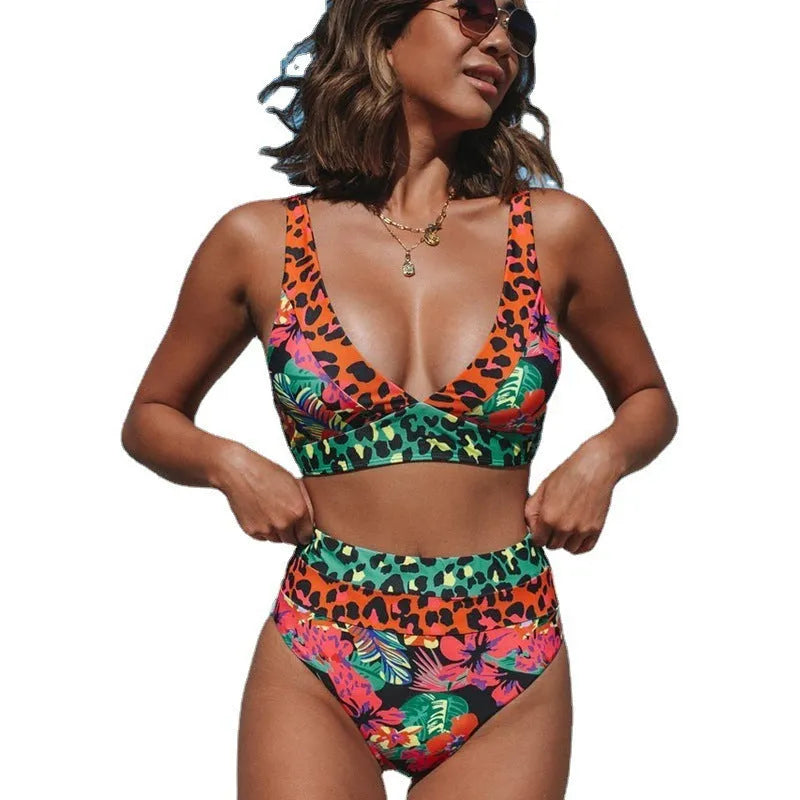 Women's floral print high-waist bikini set in polyester for swimming.