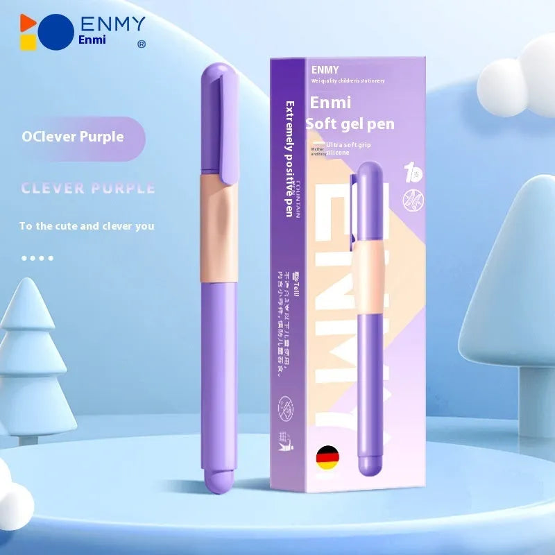 Blue plastic student posture correction pen with ergonomic grip on a white background.