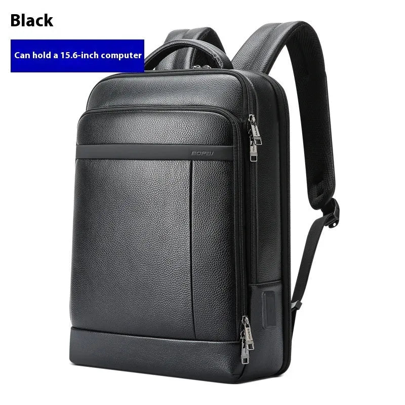 Black genuine leather men's business backpack with USB port and curved shoulder straps