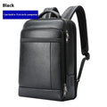 Black genuine leather men's business backpack with USB port and curved shoulder straps