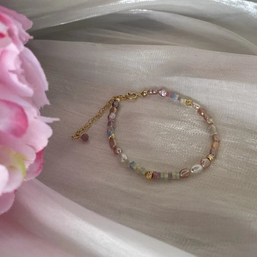 Handmade natural pearl bracelet and necklace set with 14K gilded purple silver accents and irregular pendant