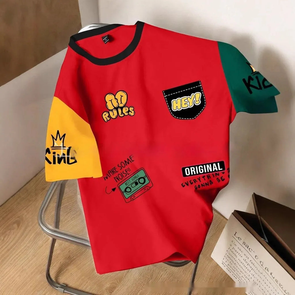 Men's loose fit casual t-shirt with a bold digital letter print on polyester fabric.
