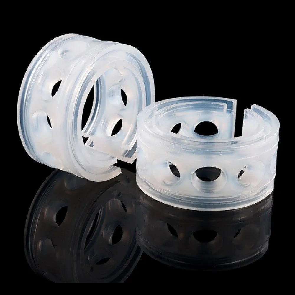 Transparent rubber car spring shock absorber buffer on a coil spring, showing size options A through F