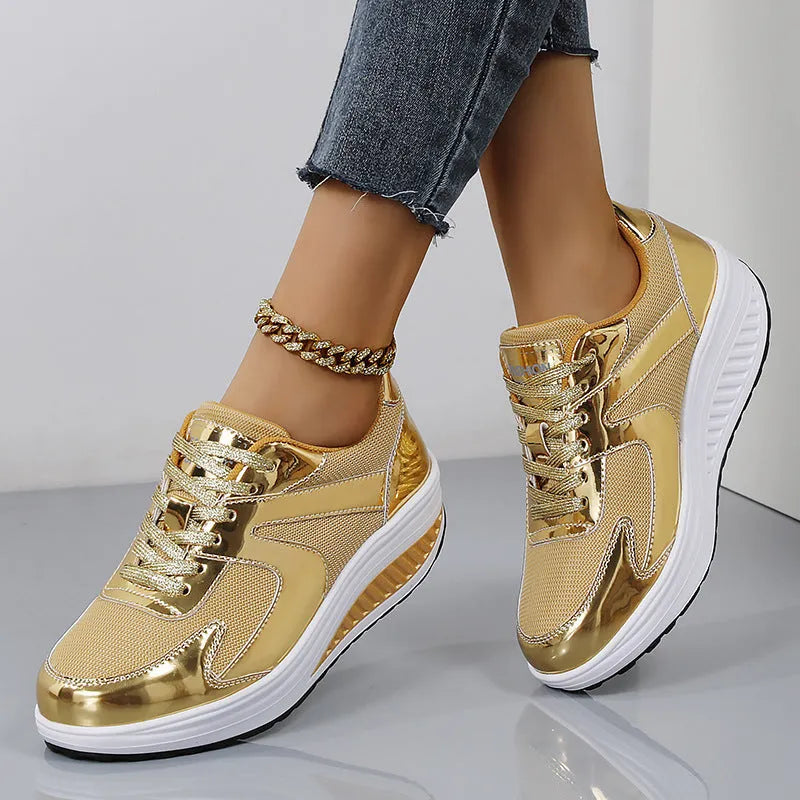 Women's gold thick bottom mesh elevator cross strap shoes with round toe and waterproof platform on light background