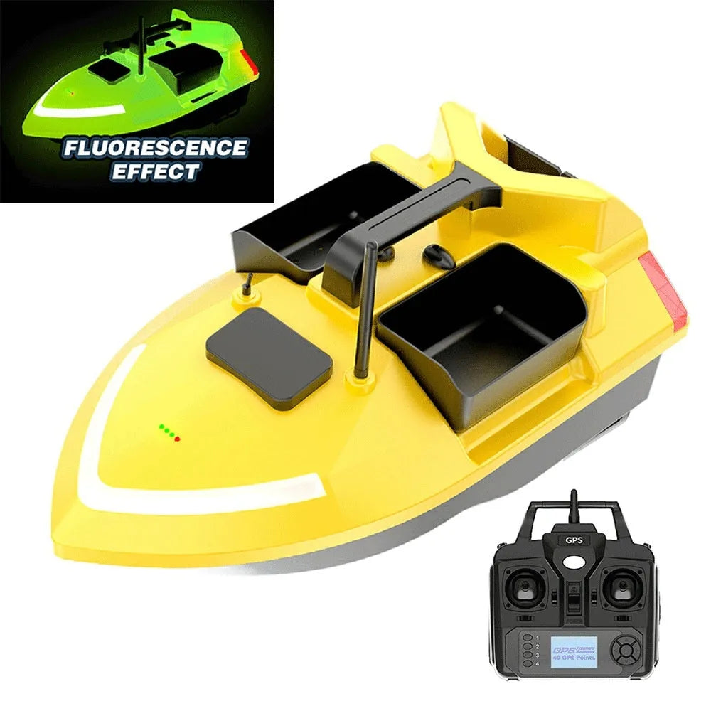 Black remote control GPS fishing boat with LED light on deck, shown with remote control.