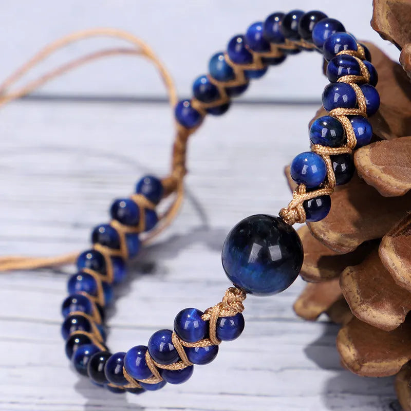 Handmade woven geometric bracelet with adjustable sliding knot and natural stone option