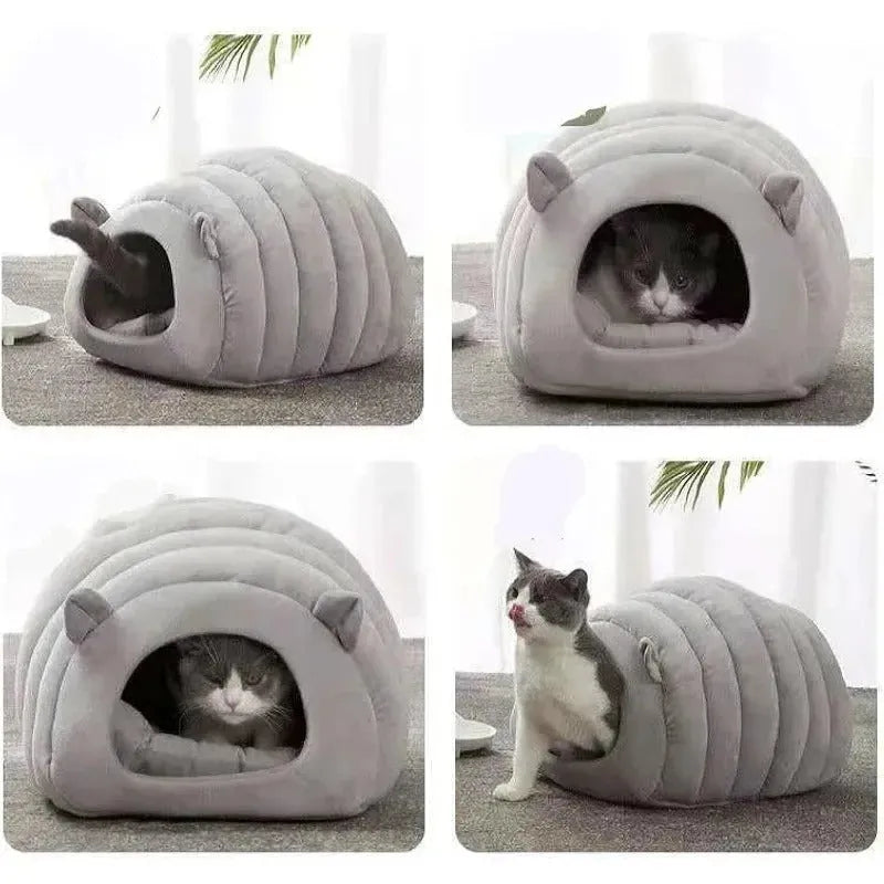 Plush cat bed house in brown with removable cushion, 38x42x33cm, for small pets