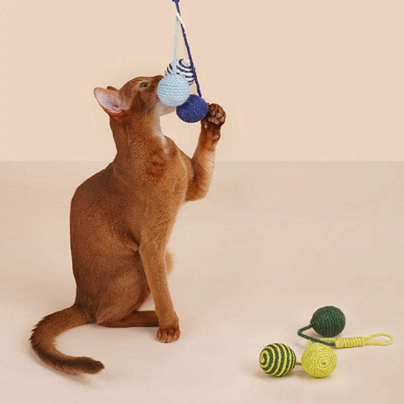 Cat toy set with teaser stick and catnip balls in blue, green, and red yellow blue colours