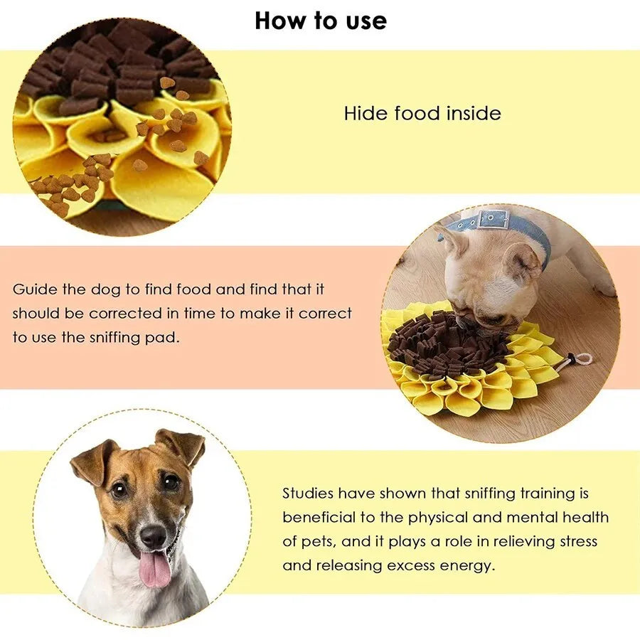 Yellow sunflower-shaped snuffle mat with layered fleece and felt strips for hiding dog treats