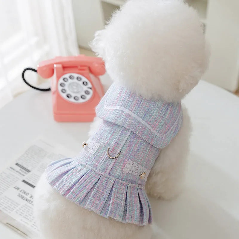 Purple hooded knitted sweater on a small dog, showing long sleeves and size label.