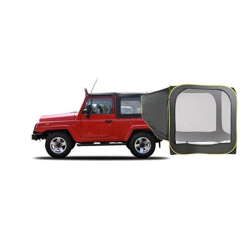 Pop-up outdoor camping car tail tent in black, unfolded to 200x200x200cm with steel frame and Oxford cloth body