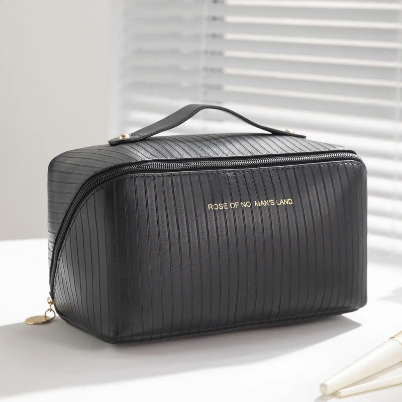 Vertical pattern pillow makeup bag cubic shape 22.5cm PU material travel organiser