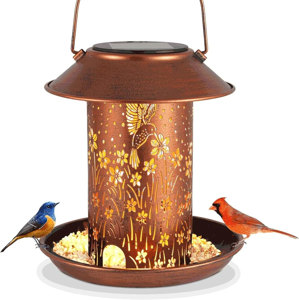 Solar-powered iron bird feeder lamp with hummingbird pattern for outdoor garden lighting and bird feeding