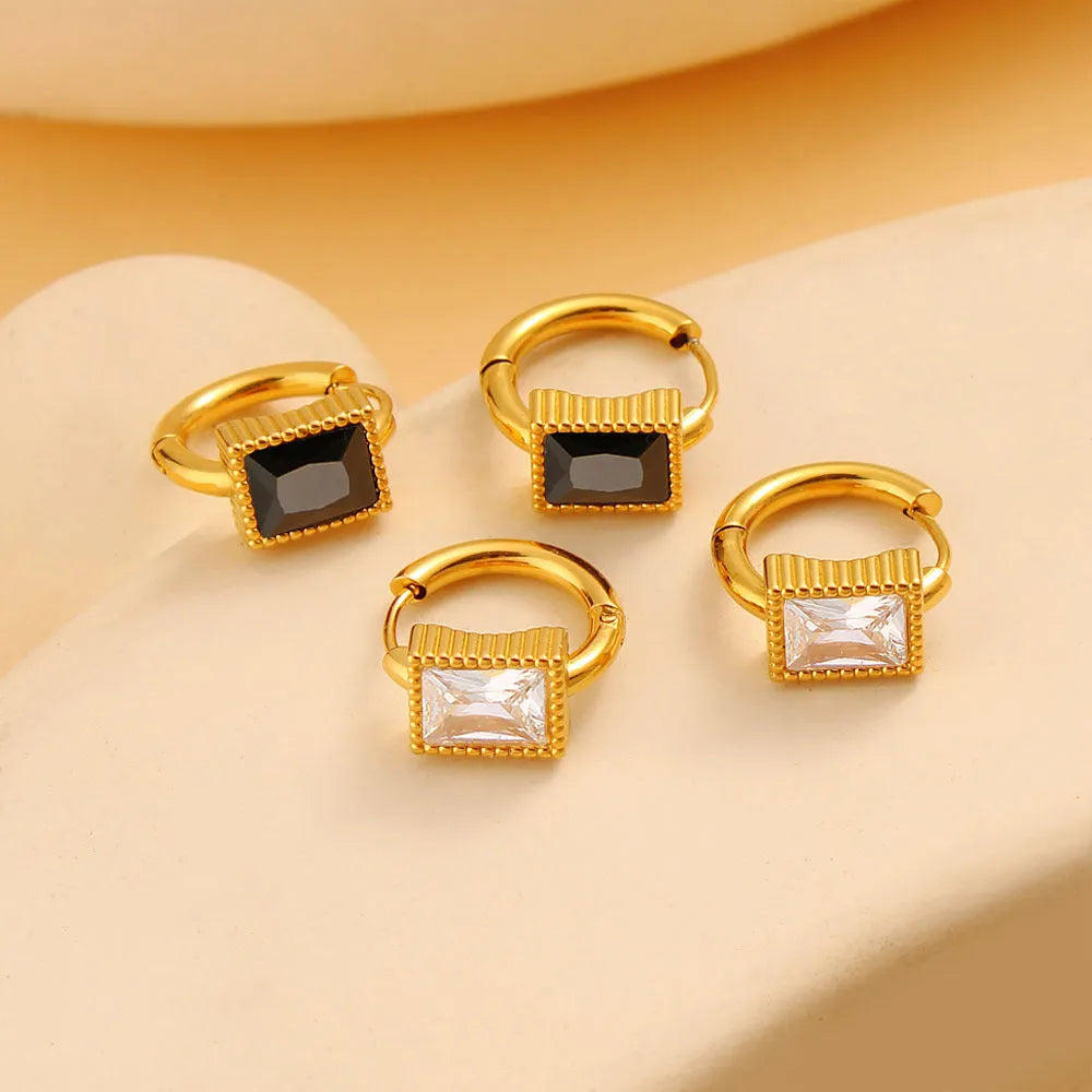 Square zircon stainless steel earrings with geometric design and round ring elements in white, black, or green colours