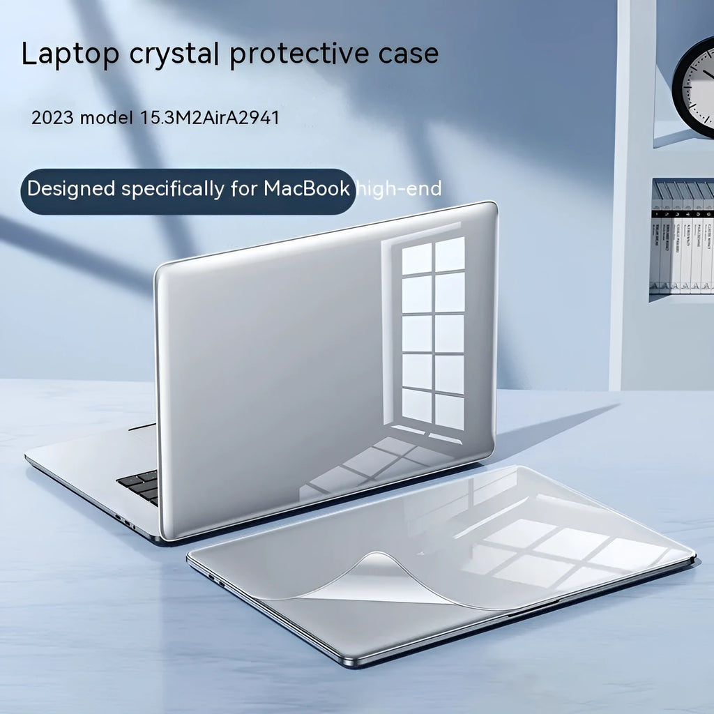 Hard shell protective case for MacBook in crystal transparent finish showing drop-resistant design