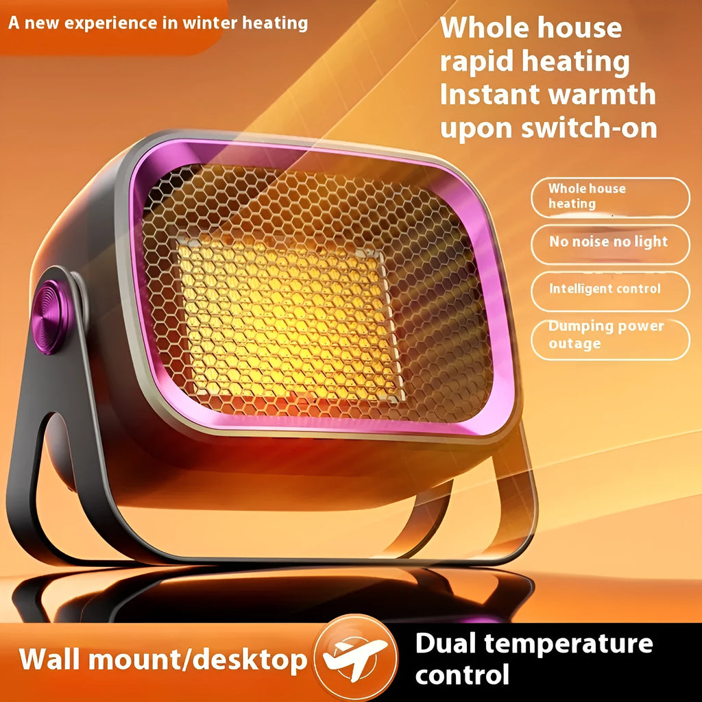 White desktop electric fan heater with push-button controls and a rotatable base on a wooden table.