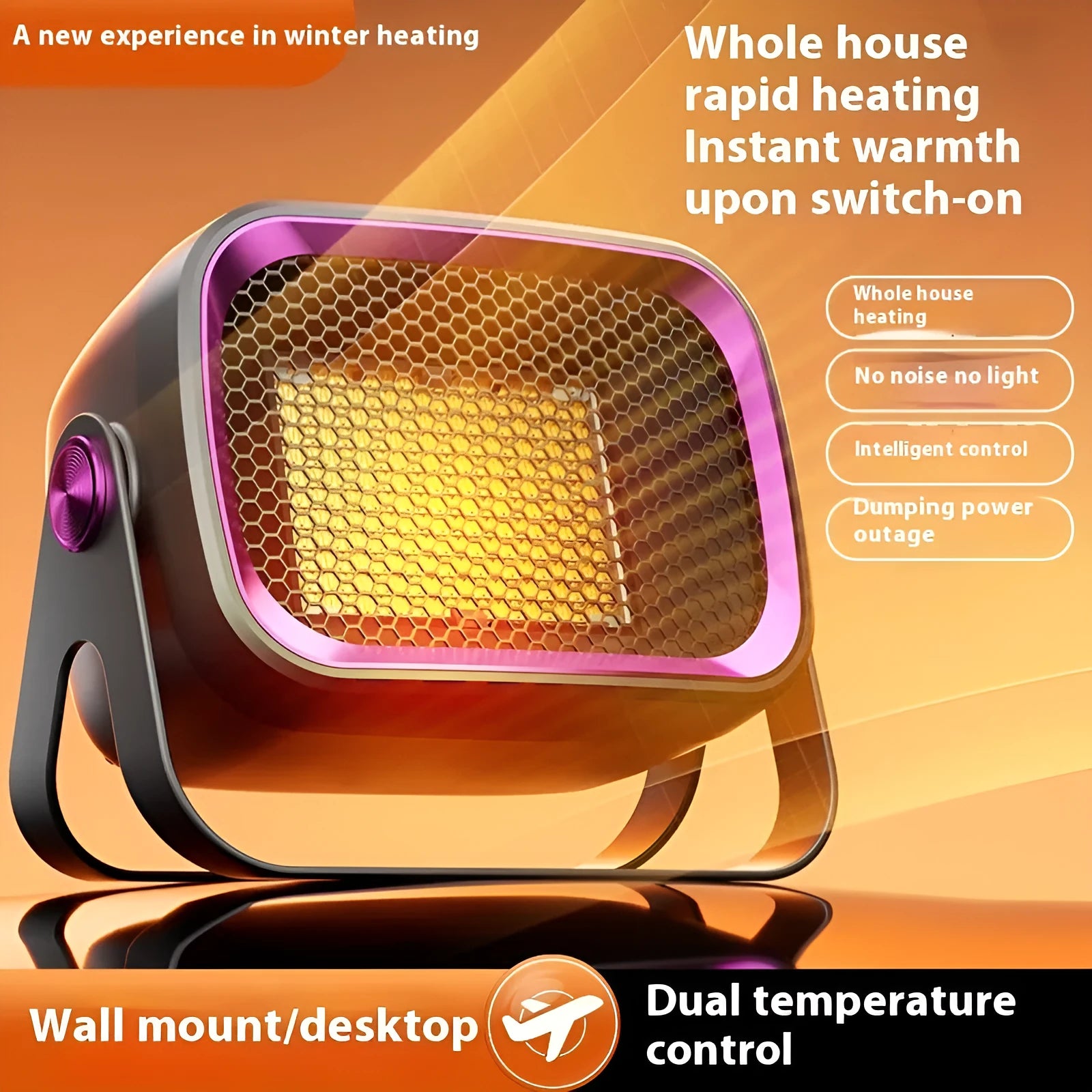 White desktop electric fan heater with push-button controls and a rotatable base on a wooden table.