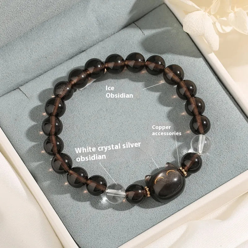 Women's cat head bracelet with natural opal beads 8mm round silver tone charm classic style