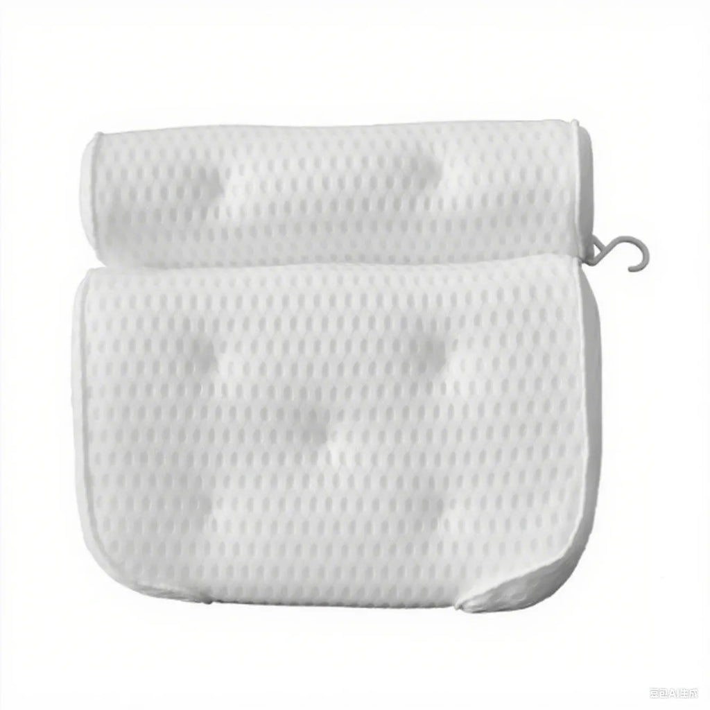 White rectangular bathtub pillow with a textured 3D mesh surface and large white suction cups on the back.