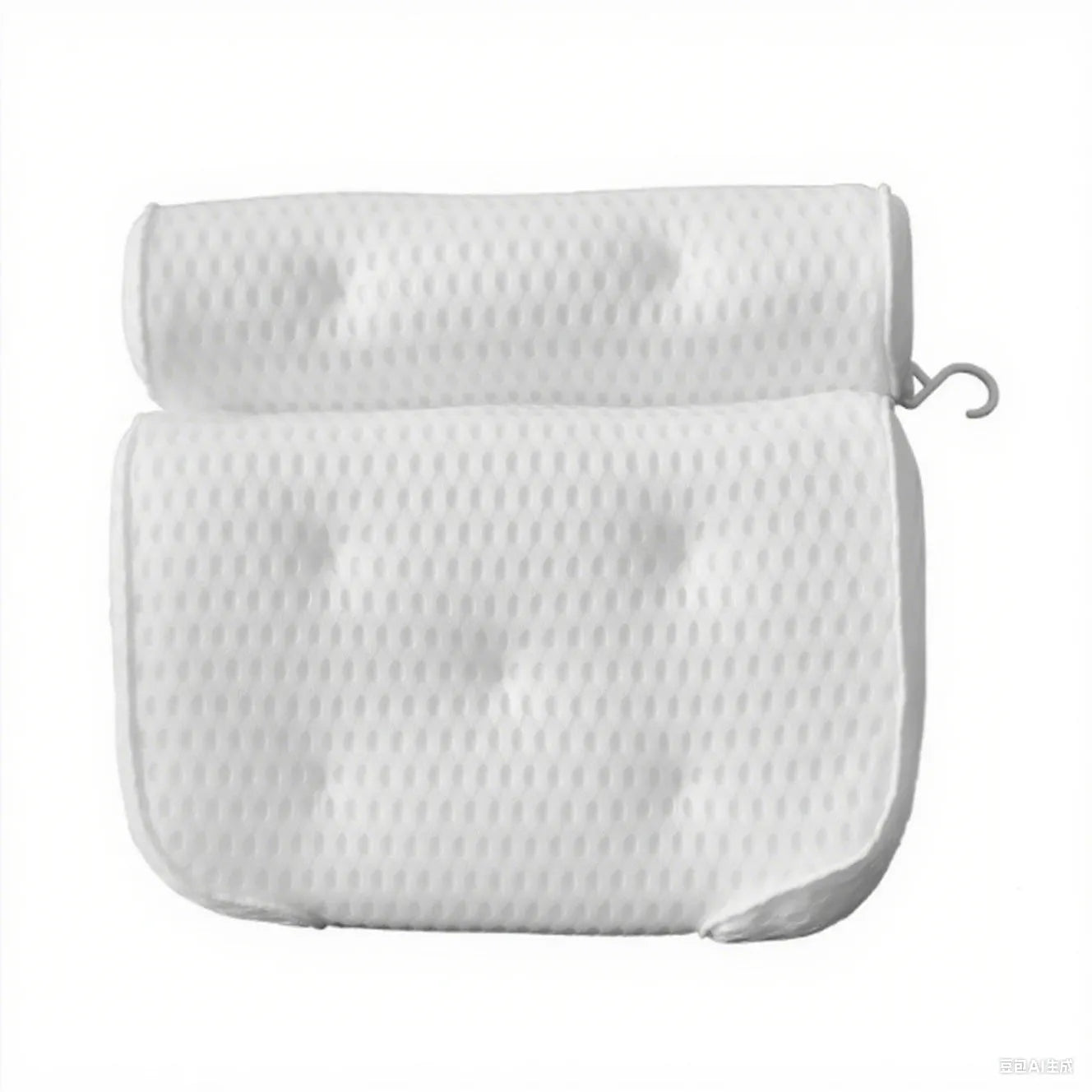 White rectangular bathtub pillow with a textured 3D mesh surface and large white suction cups on the back.