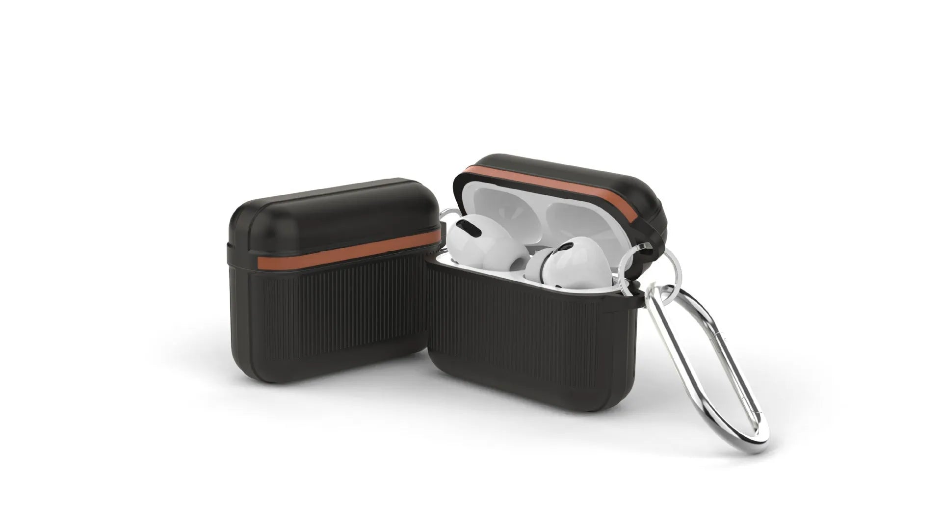 Silicone clamshell protective case for Apple AirPods with a metal buckle closure in six colour options.