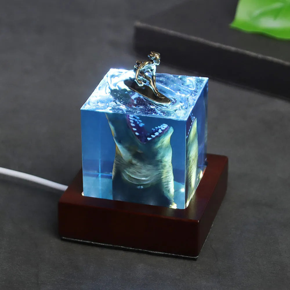 Ocean Shark Surfer micro landscape night light ornament, epoxy resin, 5cm or 8cm with lamp holder