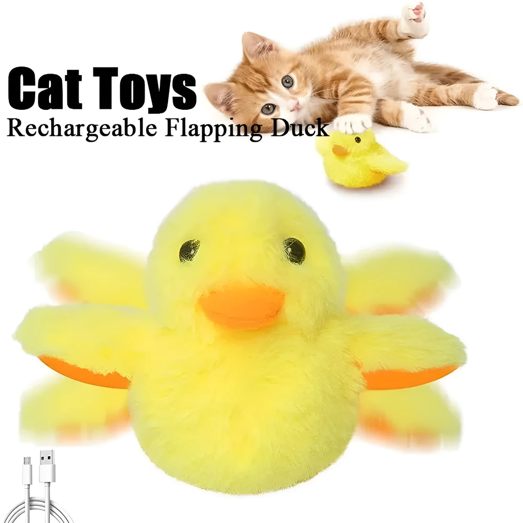 Yellow flapping duck cat toy with vibration sensor and USB charging cable