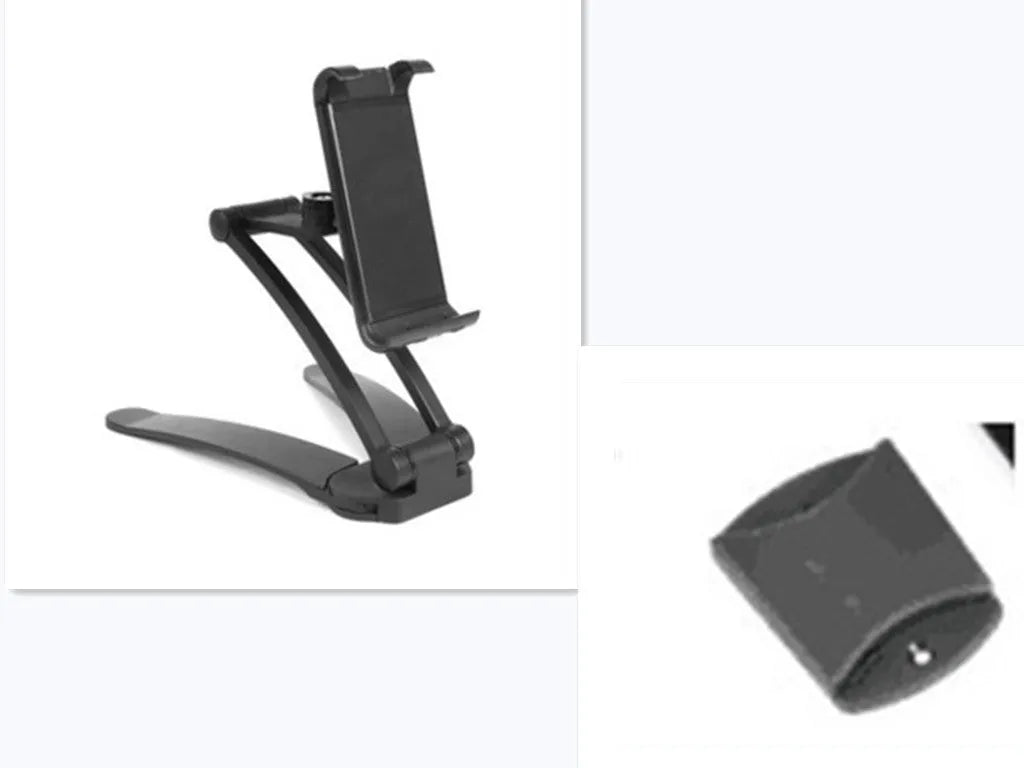 Silver aluminum desktop tablet stand with white ABS base, showing adjustable clip holding a tablet.