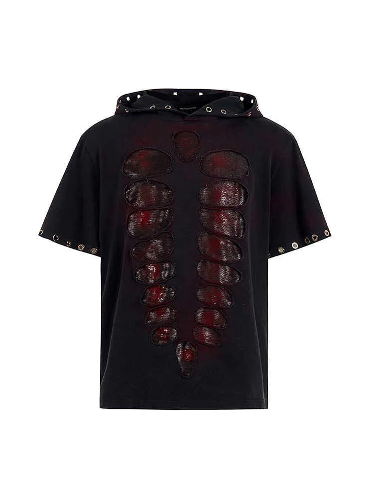 Black men's hooded T-shirt with sequin detailing and short sleeves