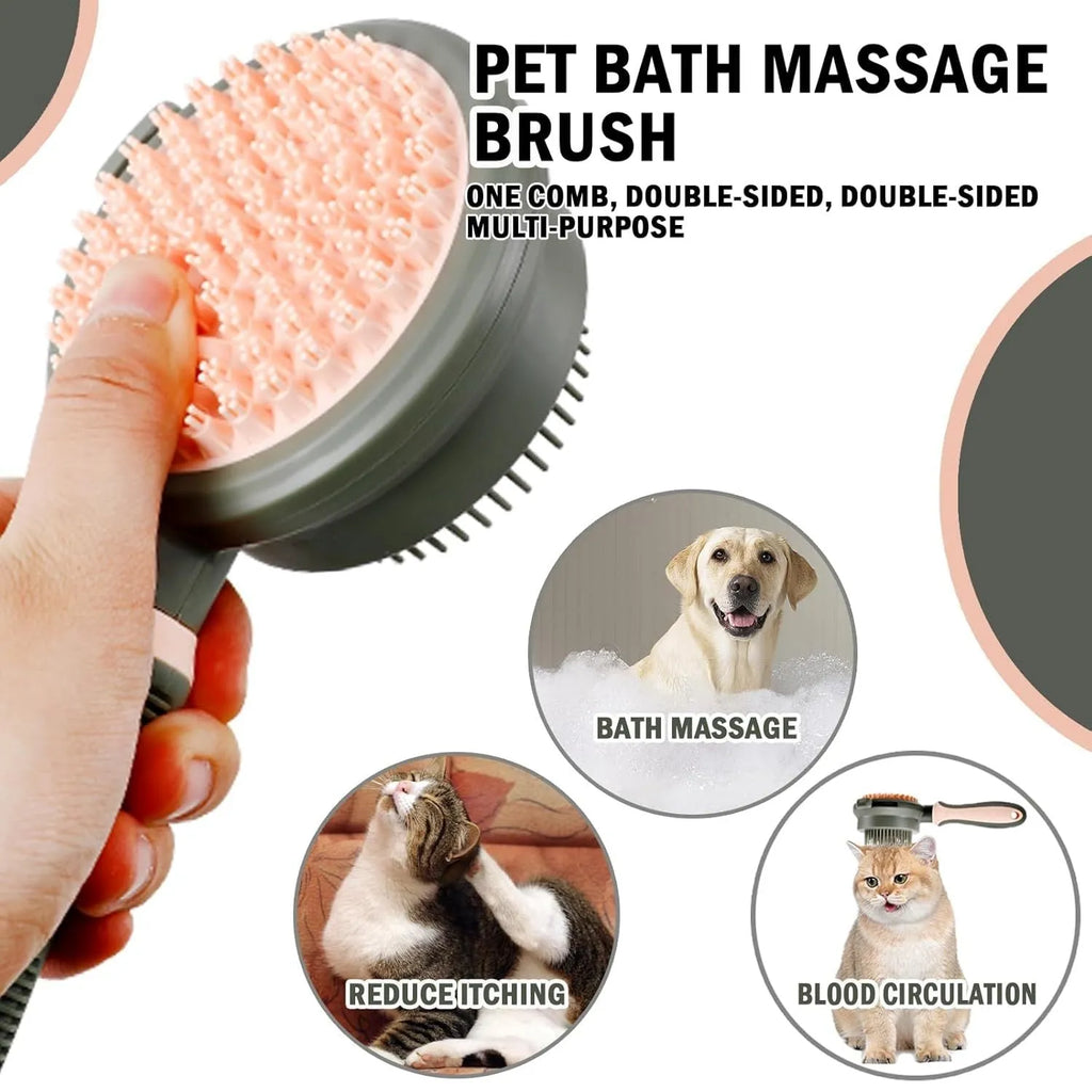 Green and pink double-sided cat brush with release button and flea comb for pet grooming
