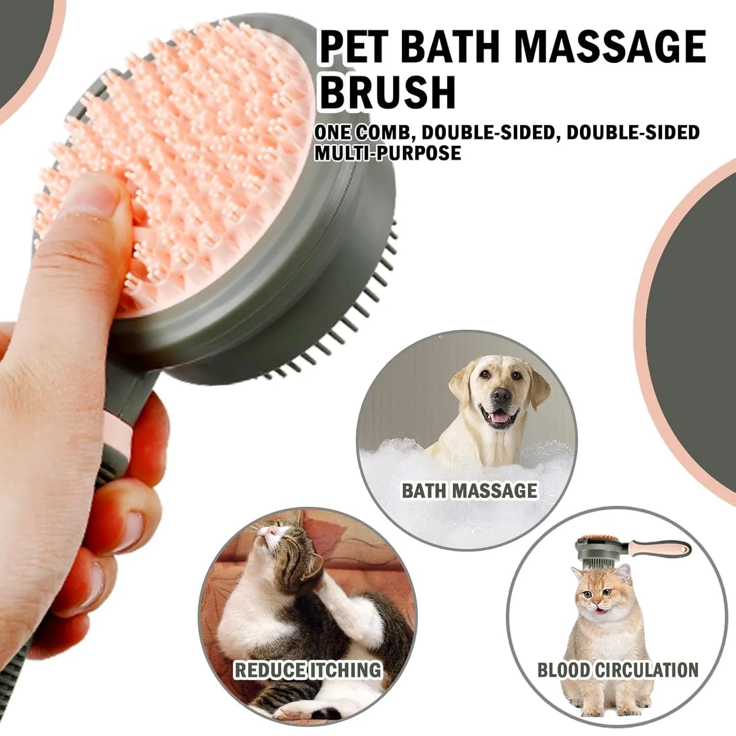 Green and pink double-sided cat brush with release button and flea comb for pet grooming