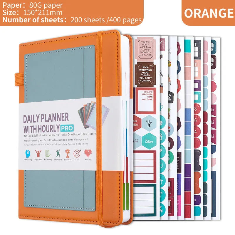 A5 notebook with PU cover, open to show no-date strap and thread binding, with planning stickers.
