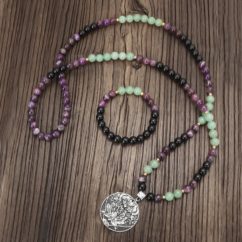 Yoga lotus pendant necklace with adjustable chain and matching bracelet set