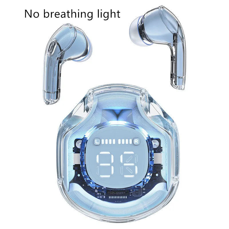 Transparent wireless Bluetooth headset showing internal components with breathing light