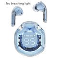 Transparent wireless Bluetooth headset showing internal components with breathing light