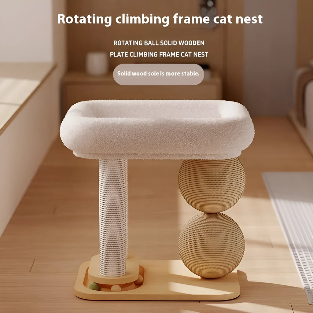 Pine wood cat scratching ball nest with sisal rope posts and double column design