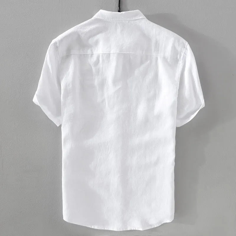 Men's short sleeve solid colour loose fit cotton-linen casual shirt