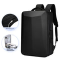 Men's waterproof business backpack in black with curved shoulder straps and splicing detail