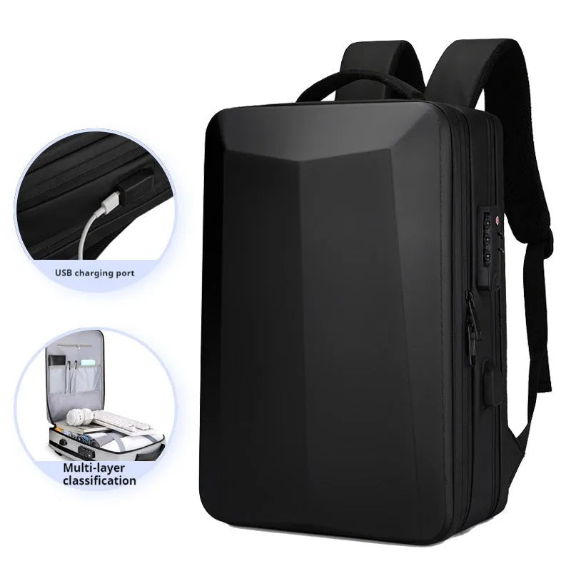 Men's waterproof business backpack in black with curved shoulder straps and splicing detail