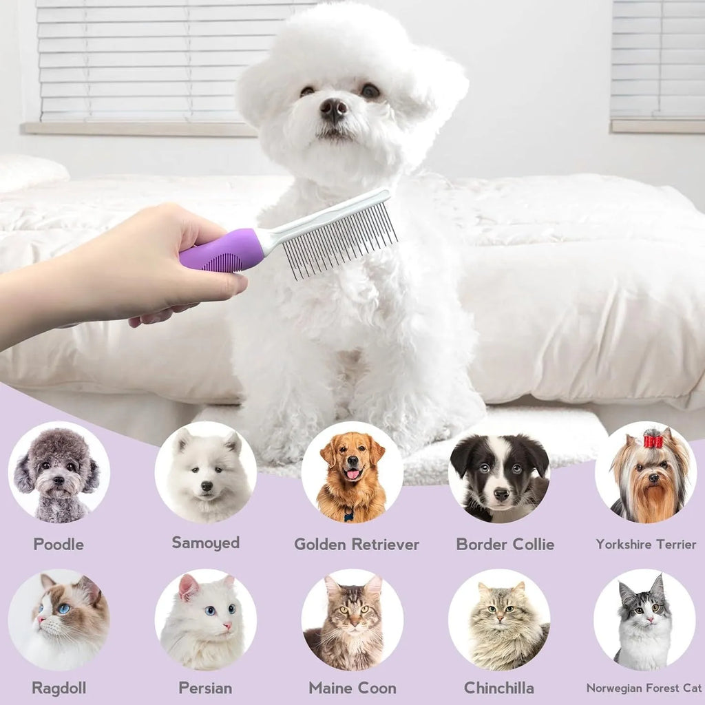 Purple pet grooming comb with stainless steel teeth and ergonomic handle for detangling dog and cat fur