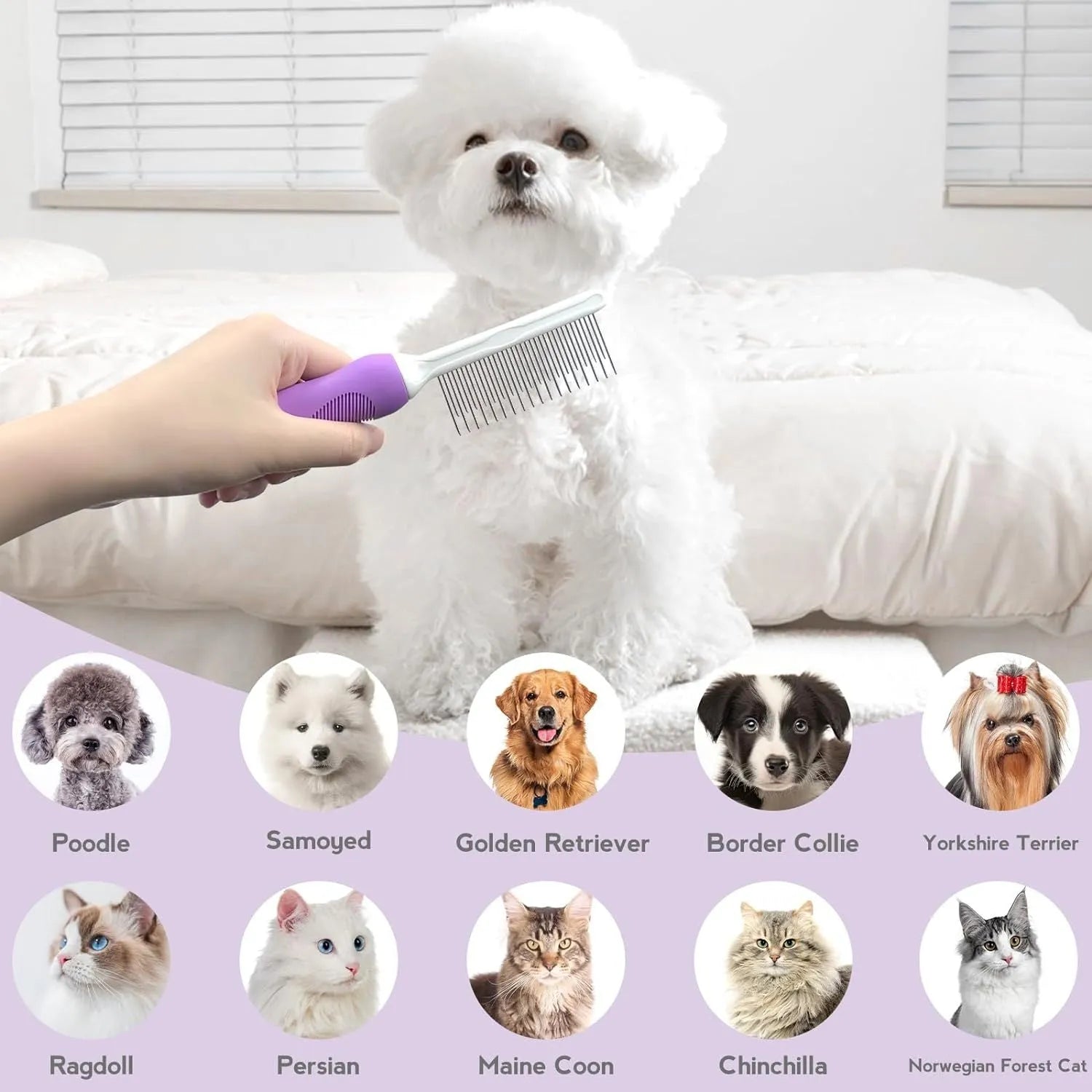 Purple pet grooming comb with stainless steel teeth and ergonomic handle for detangling dog and cat fur